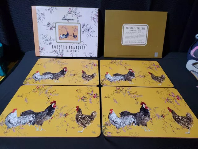 Set of 4 Williams Sonoma Rooster &  Chicken Heavy Hard Cork Place Mats with Box