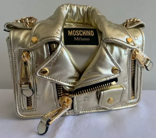 FEB SPECIAL! $2,295 Moschino Couture Jeremy Scott Gold Biker Jacket Shoulder Bag 2