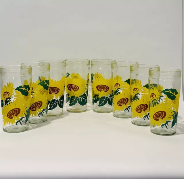 Vintage Set Of 8 Anchor Hocking Sunflower Drinking Glasses Jelly Jar Style 6"