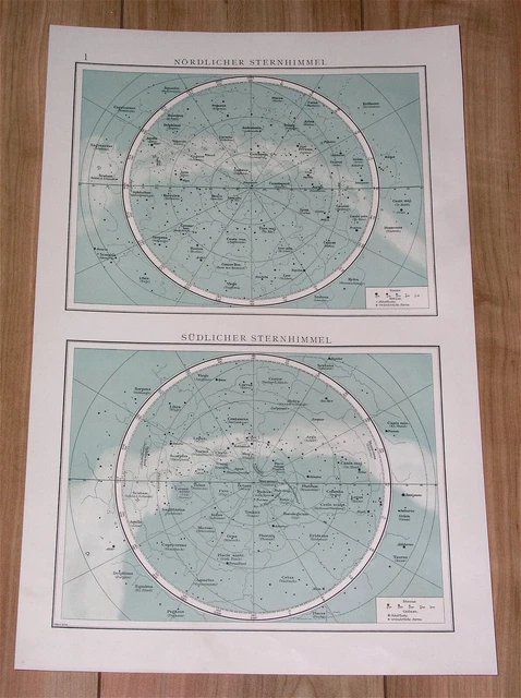 1904 Original Antique Map Of Northern Southern Sky Heavens Stars Astronomy