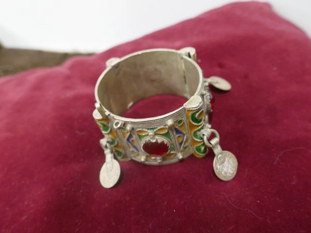 Bracelet Berbère Kabyle Vintage En Argent émaillé Avec Corail - Bijou Ethnique Occasion