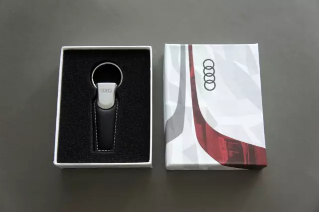 NIB Genuine Audi Classic Logo Silver Metal & Black Leather Tag keychain Key Ring