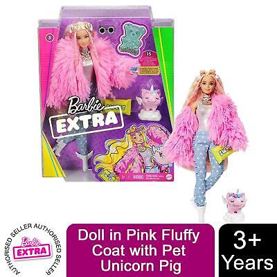 Bambola Barbie extra in Rosa Soffice Cappotto con PET UNICORN PIG