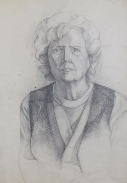 Vintage original pencil drawing old woman portrait signed