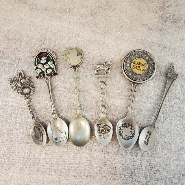 Lot Of 6 Vintage Pewter Souvenir Spoons Denver Zoo Anheuser Busch Dove Idaho KS