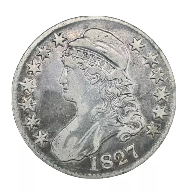 1827 Capped Bust Half Dollar,  Square Base 2 XF. 50c U.S. Silver Type Rare Coin.