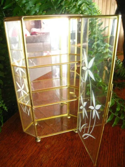 Vintage Mirrored Etched Glass and Brass Curio Cabinet Display Case 10.25"