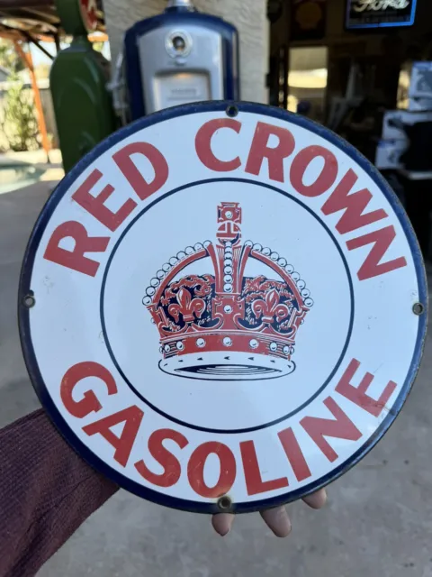 Vintage Red Crown 12”/ Motor Oil Porcelain Gas Pump Sign