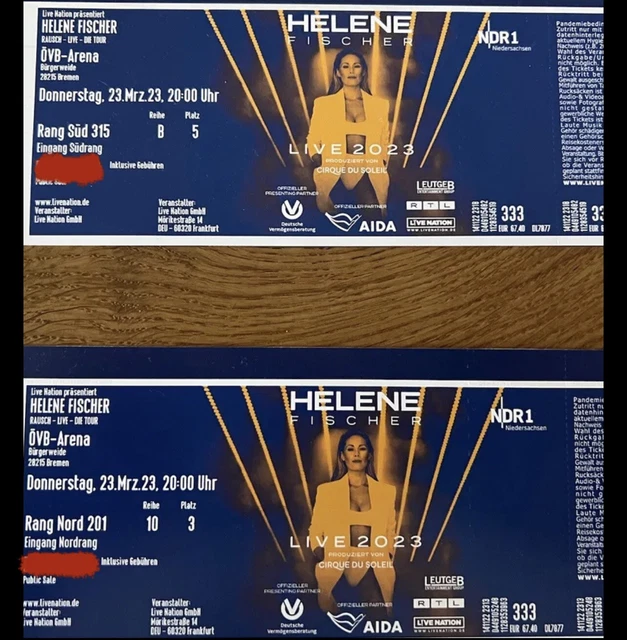 2 x Helene Fischer Tickets 23.03.2023 Bremen