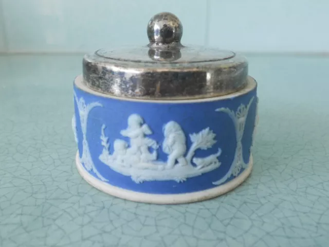 Antique Wedgwood Jasperware Small Round Dark Blue Trinket Pot Box With Epns Lid