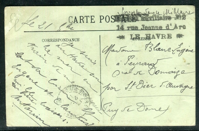 Cachet de l 'Hôpital Auxiliaire n° 2 du Havre sur carte postale pour St Dier