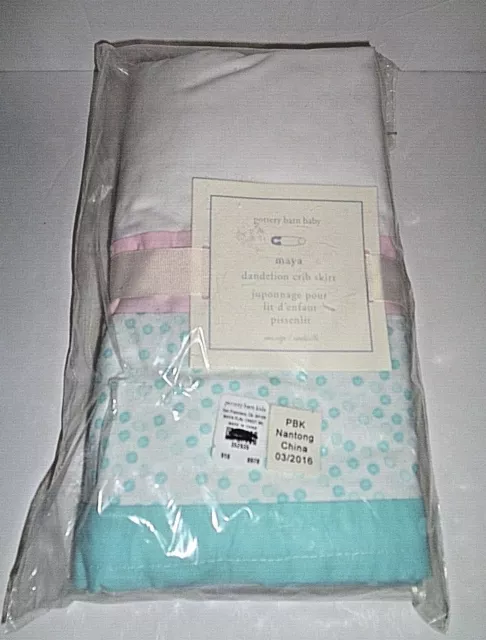 NEW Pottery Barn Baby Maya Dandelion Crib Skirt Floral Pink White Aqua Cotton