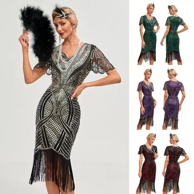 1920s Flapper Dress Vintage Sequin Fringed Great Gatsby Prom Women Party UK~