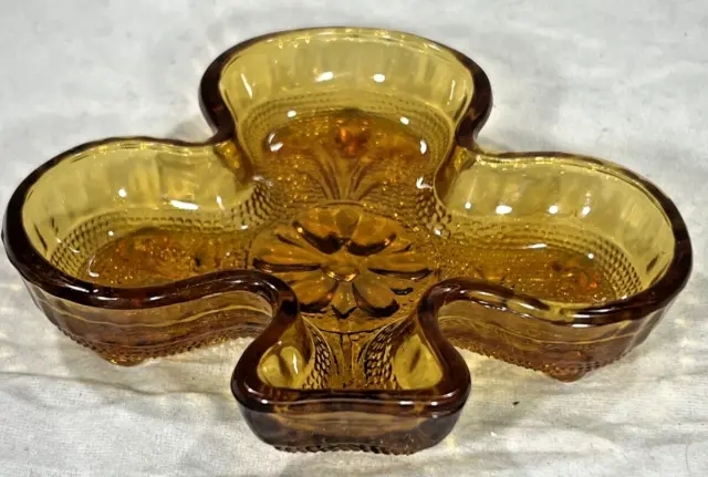 Indiana Glass Amber Depression Tiara Shamrock 3 Leaf Clover Shaped Dish Vintage