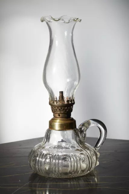 Gorgeous 19Th C Pressed Glass Oval Whale Oil Finger Lamp W Applied Handle