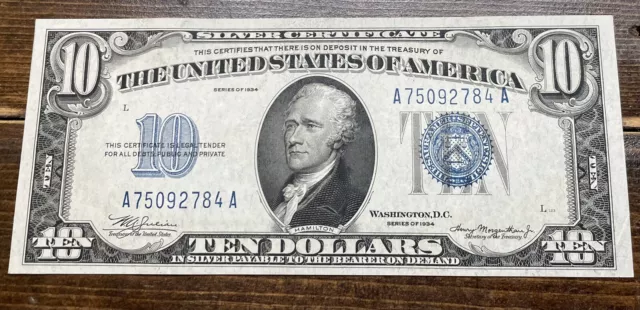 1934 $10 Ten Dollar Bill Blue Seal Silver Certificate - Crisp - Uncirculated