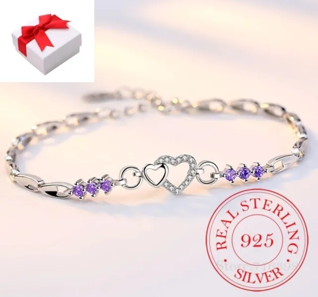 Doppio Cuore Bracciale Vero 925 Argento Regolabile Zirconia Donna Regali