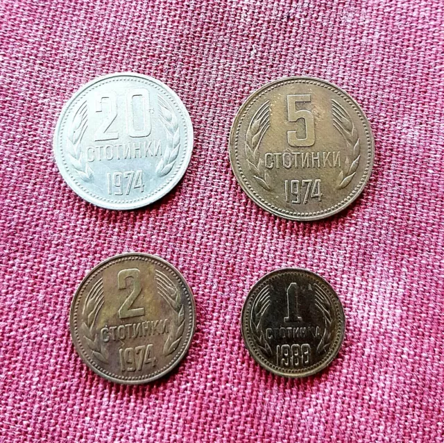 Münzen Bulgarien, 1 (1988), 2 (1974), 5 (1974), 20 Stotinky (1974)