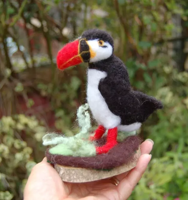 Hand Made Needle Felted Puffin  Natural Wool Sculpture