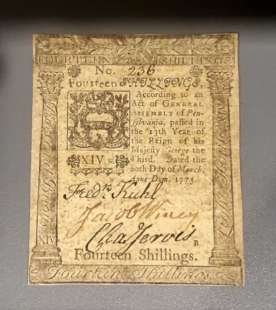 1773 Pennsylvania Colonial 14 Shillings ~ Lighthouse Issue ~ Choice Extra Fine