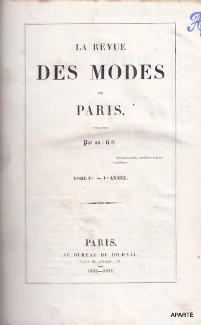 La REVUE DES MODES de PARIS TOME I 1834 COSTUME ROBE PANTALON