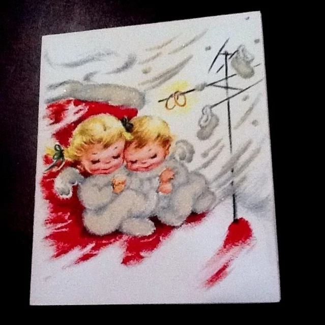 #21- -Vintage Unused Flocked Xmas Greeting Card Cute Angels Sleeping by Chimmney
