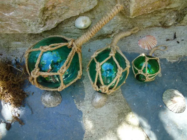 Jade Green Glass Fishing Boat Net Floats -Buoys Set Of 3 / Garden Bathroom d