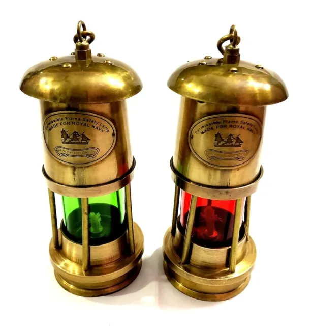 Antique Brass Miner Lamp with Red/Green Variation - Vintage Oil Lantern