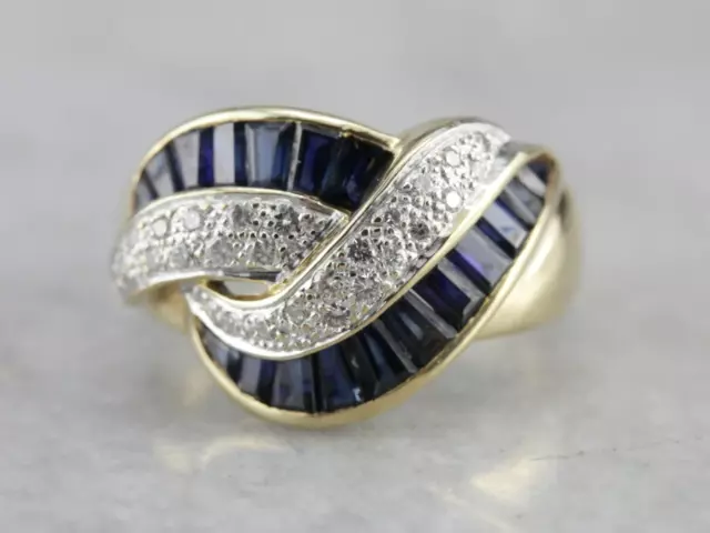 Vintage Designer LeVian Swirl Diamond and Sapphire Ring