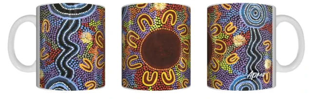 Aboriginal Coffee Mug in Gift Box Indigenous Artist Bulurru Cup WOMEN AT WATER