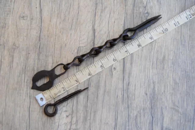 Rare 19c original handforged wrought iron door gate chain latch lock farm decor 4
