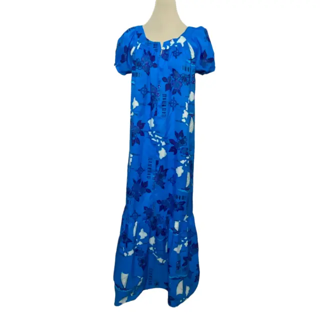 Aikane Women Dress Hawaiian Maxi Short Puff Sleeve Round Neck Floral Blue L VTG