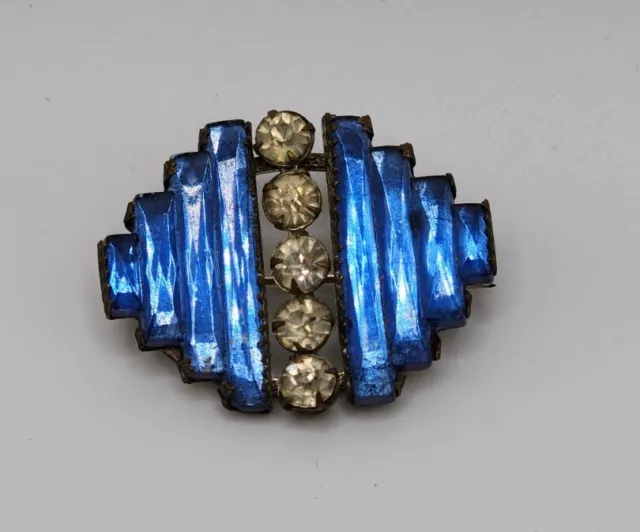 Vintage Art Deco Cobalt Blue Faceted Glass Prong Set Brooch Lapel Pin Modernist