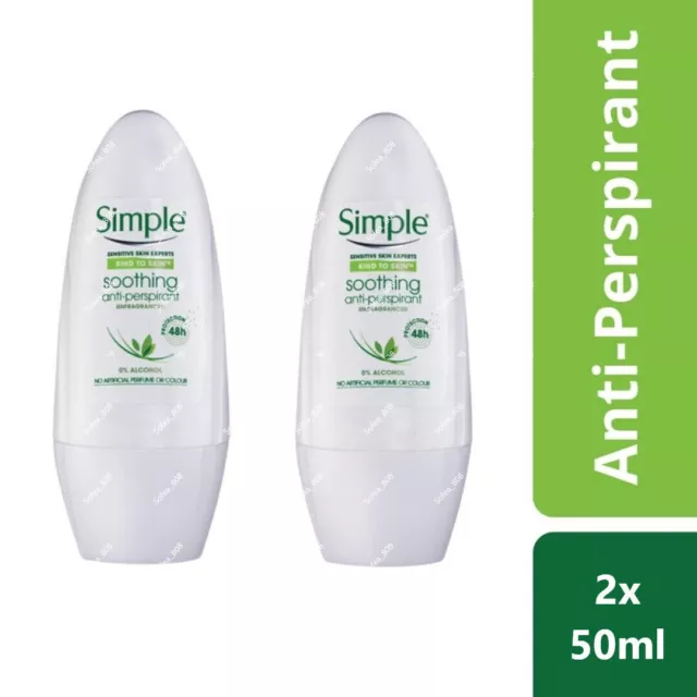 2 x 50ml Simple Soothing Anti-Perspirant Roll-On Deodorant For Sensitive Skin