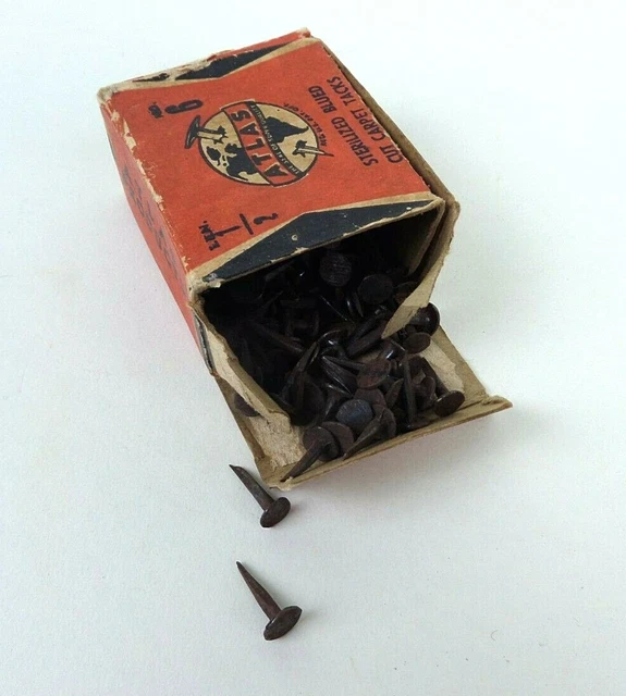 Vintage Atlas Brand Carpet Tacks Paper Box with No. 6 Tacks Red Box Advertising