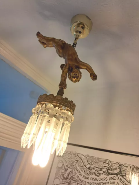 Antique Vintage Art Deco Cherub Chandelier Light Fitting With Crystal Droppers