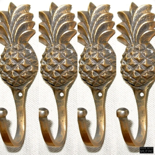 4 very small PINEAPPLE BRASS HOOK COAT WALL MOUNTED HANG old style hook 3" B
