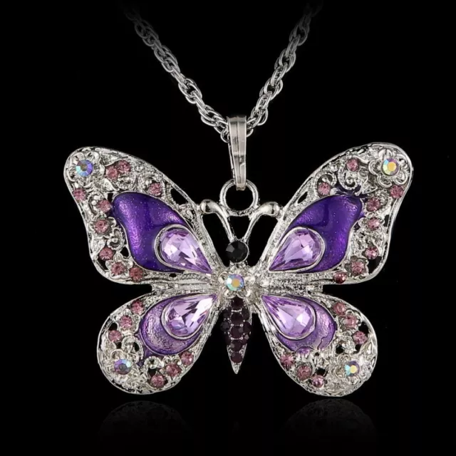 Fashion Women Rhinestone Butterfly Pendant Necklace Silver Chain Jewelry Gift