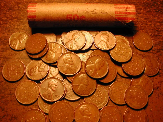 1948-S LINCOLN WHEAT CENT PENNY ROLL, nice condition, 50 coins