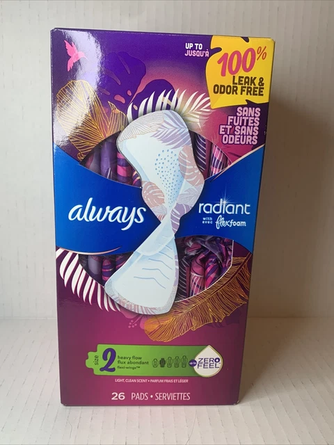 1 caja de almohadillas siempre radiantes espuma flexible de flujo pesado 26 almohadillas aroma ligero limpio ¡pluma!