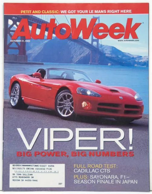 Autoweek Magazine Oct 21, 2002- Dodge Viper, Infiniti G35 Coupe, Cadillac CTS,
