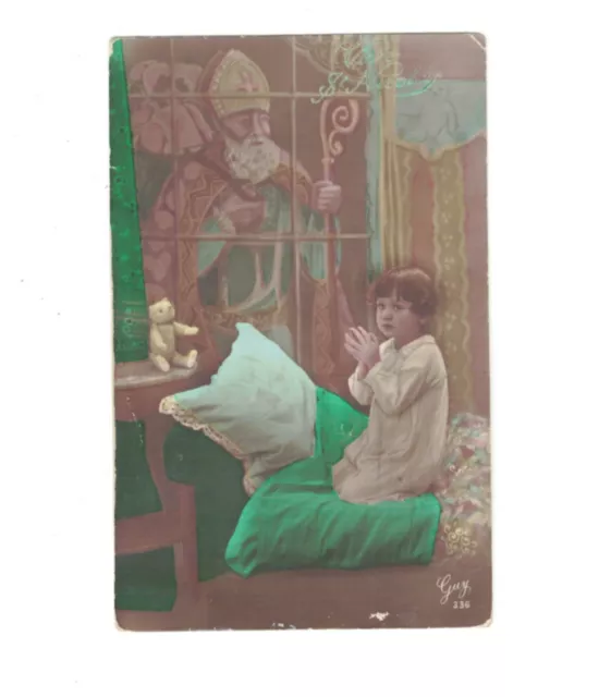 Sd2811 St. Nick , Saint Nicholas  Girl Praying In Bed Teddybear Toys Rppc