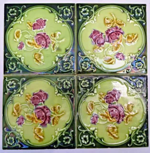Antique Tile Majolica England Art Nouveau Porcelain Rose Purple 4 Pieces Set#13