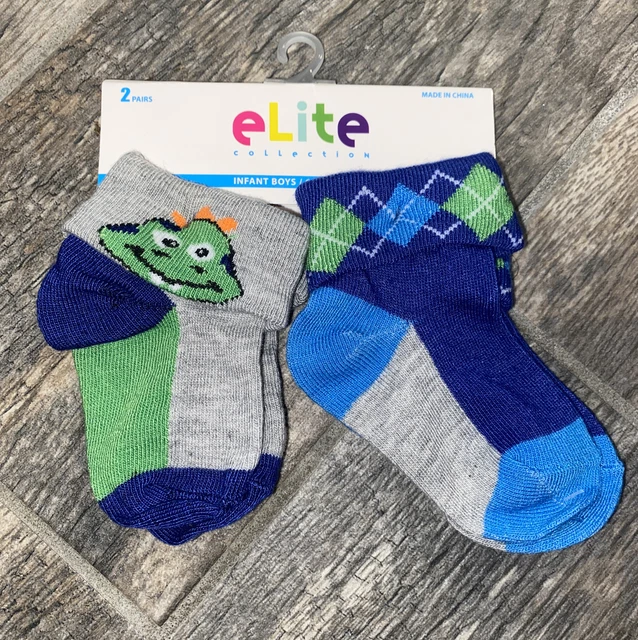 Elite Collection Infant Boys 6-12 Months Socks Blue Green Grey 2 Pairs NIP