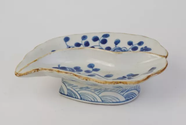 Antique Chinese Blue and White Leaf Shaped Brush Washer Footed Dish 18th C