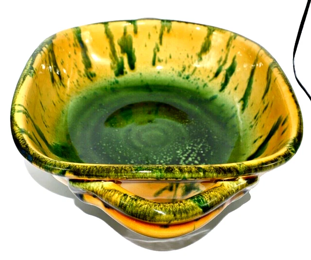 VINTAGE Majolica Art Pottery Italian Serving Bowl yellow green Drip Glaze Italy 2