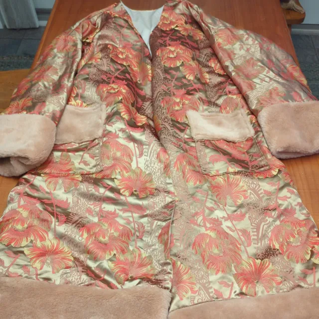 Vintage Silk Robe Kimono Fur Trim Long Floral Dragons