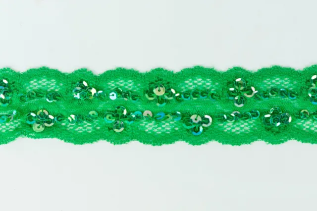 10 metres × 40mm Wide Green Stretch Lace Edge Trim Decorated with Green Sequins