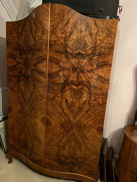 Large Antique Art Deco Walnut Style Symmetrical Wardrobe