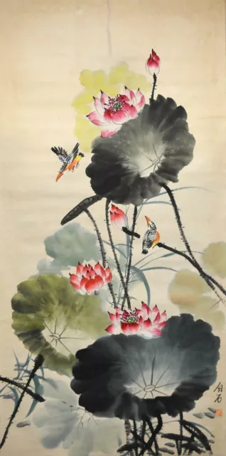 Vintage Chinese Watercolor Lotus Pond Wall Hanging Scroll Painting - Qi Baishi